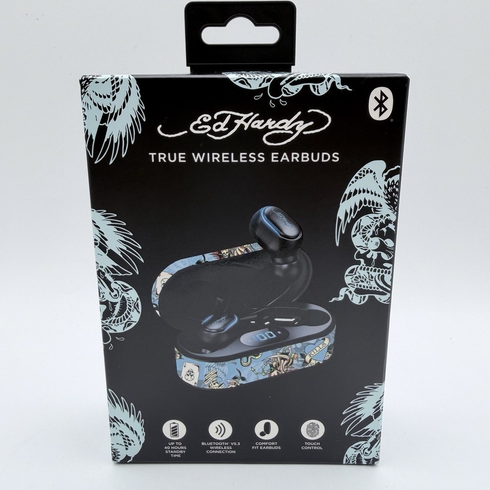 Ed Hardy Love Kills TWS True Wireless Bluetooth Earbuds Blue Touch Control NIB